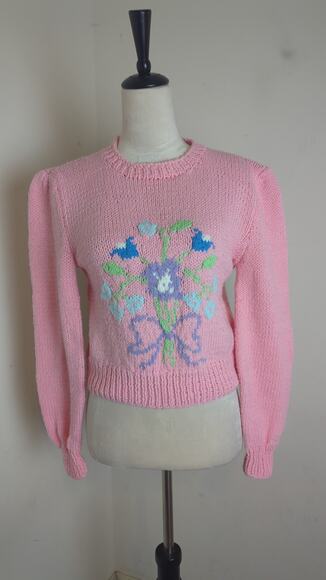 Vintage Cropped Hand Knit Sweater Balloon Sleeves Floral Design Women's Small - Picture 6 of 8